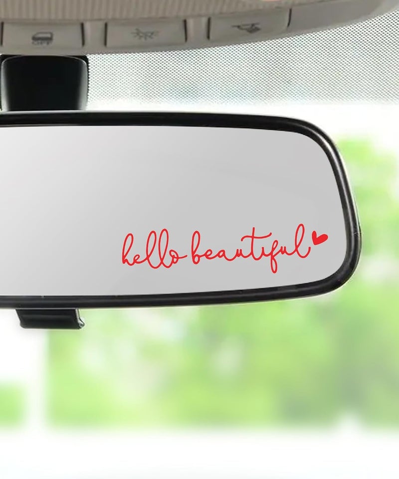 RACOONA Rearview Mirror Decal,Hello Beautiful Decal,Car Accessories Stickers Rearview Mirror Sticker (Red) - Image 1